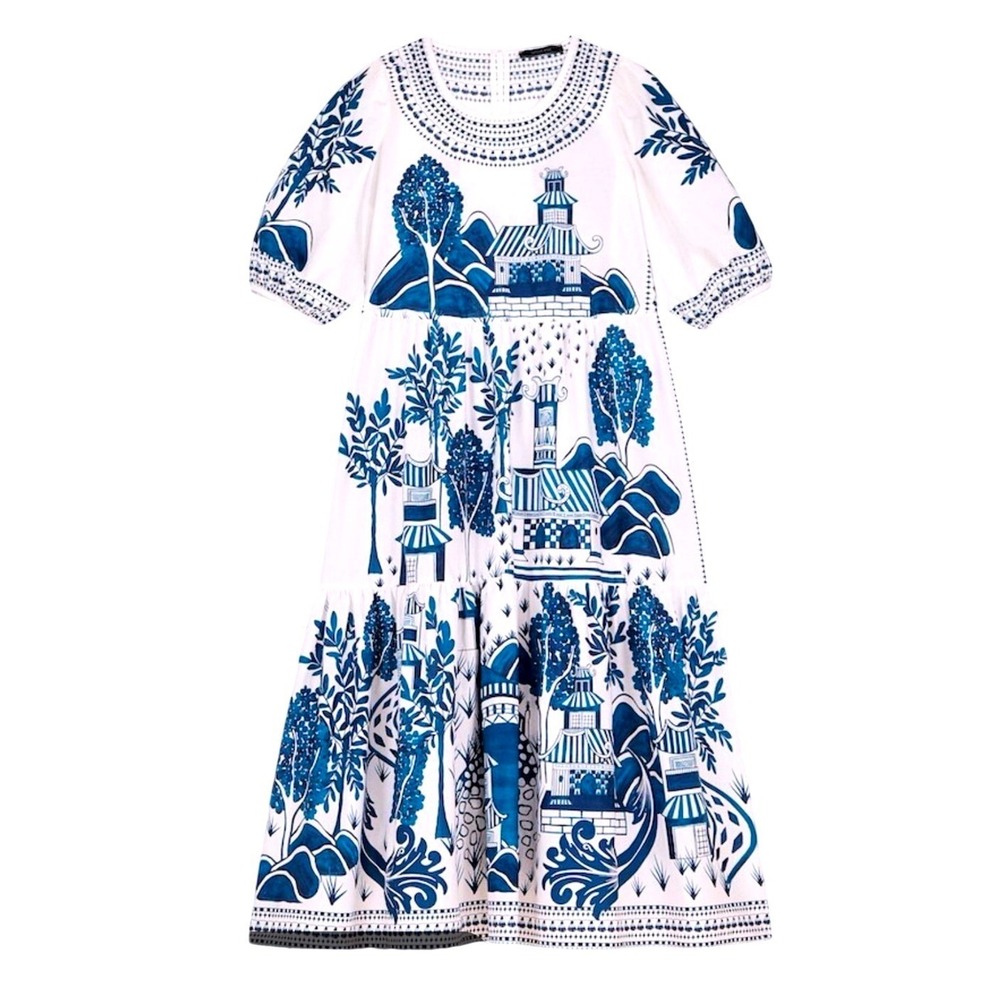 Farm Rio NWT Ancient Garden toile Pagoda Tiered Midi Dress SZSM White Blue Puff - Picture 2 of 14